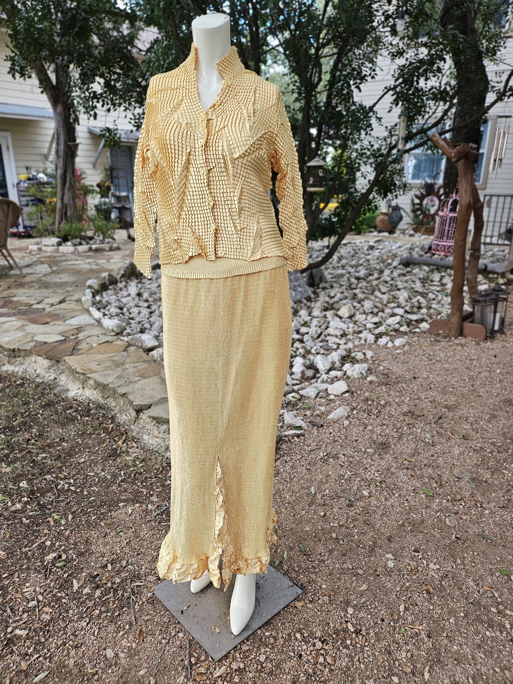 Jolie Mine Paris France Polyester Scrunch Crinkled Maxi Skirt, Tank & Jacket M